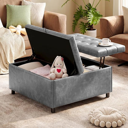 Grey Leather 36 Inch Extra Large Lift Top Living Room Storage Ottoman | LINLUX Tufted Upholstered Shoe Storage Entry Bench, Bed Benches For Foot Rest, Lift Footrest For Dorm Bedroom Office