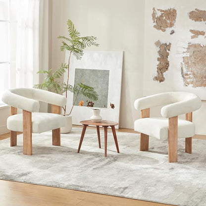 VKNOW Accent Chairs Set of 2, Modern Upholstered Living Room Chair Armchair with Solid Wood Legs, Comfy Barrel Arm Chairs for Living Room Bedroom, Cream