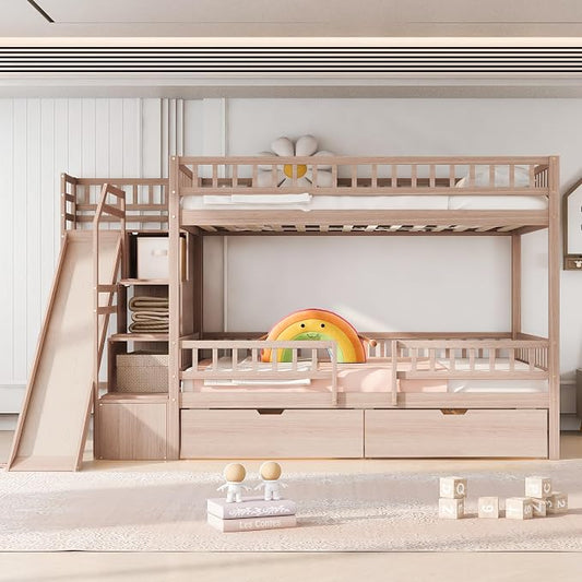 Full Over Full Bunk Bed with Slide and Staircase