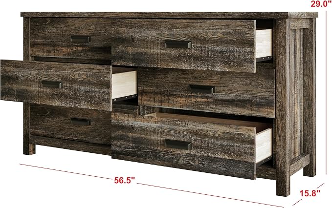 HOME DESIGN Racine Modern Rustic 6 Drawer Bedroom Dresser with Spacious Storage Drawers & Modern Farmhouse Design