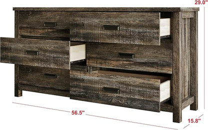 HOME DESIGN Racine Modern Rustic 6 Drawer Bedroom Dresser with Spacious Storage Drawers & Modern Farmhouse Design