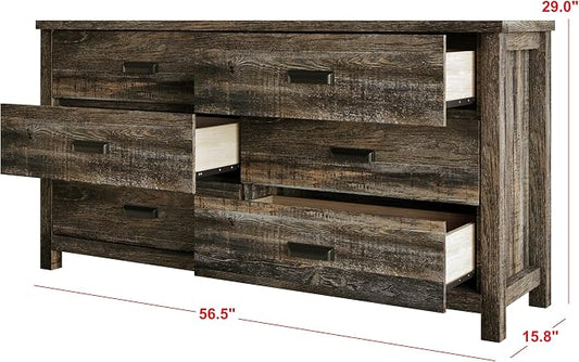 HOME DESIGN Racine Modern Rustic 6 Drawer Bedroom Dresser with Spacious Storage Drawers & Modern Farmhouse Design