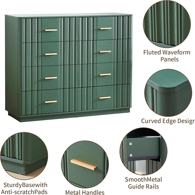 Fluted Dresser for Bedroom with 8 Drawers, 47" Wide Mid Century Modern Chest of Drawers, Wooden Dresser TV Stand, Wood Closet Clothes Storage Organizer for Living Room Hallway, Green
