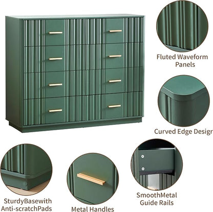 Fluted Dresser for Bedroom with 8 Drawers, 47" Wide Mid Century Modern Chest of Drawers, Wooden Dresser TV Stand, Wood Closet Clothes Storage Organizer for Living Room Hallway, Green