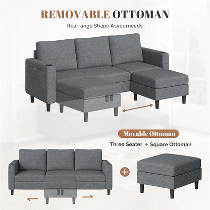 Luxanimarion Upholstered Sectional Sofa and Couches, 78'' L Shaped 3-seat Sofa forLiving Room, Apartment,Lounge,Bedroom-Washable Covers Convertible Sofas(Linen Fabric,Dark Gary)