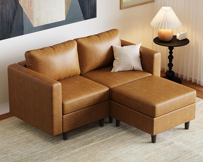 ABCASA Modular Sectional Loveseat Sofa Couch with Storage Seats, 3 Seater L Shaped Couch with Movable Ottoman for Small Spaces,Brown