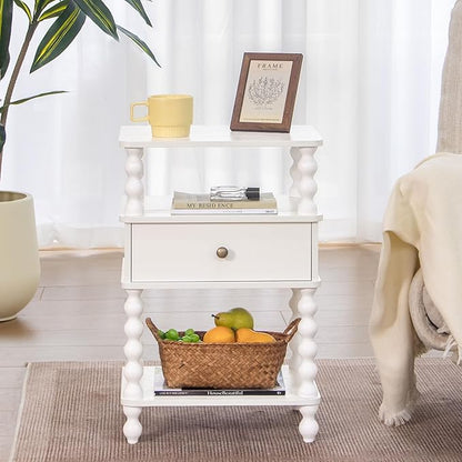 AWASEN White Nightstand, Bed Side Table Bedroom with Drawer, 3-Tier Small Night Stand End Table with Storage for Small Spaces &Solid Wood Spindle Legs, White