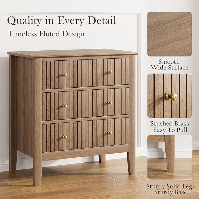 Night Stand, Fluted 3 Drawer Wide Farmhouse Nightstand with Gold Handle, Modern Wooden Bedside End Table for Bedroom, Living Room, Natural