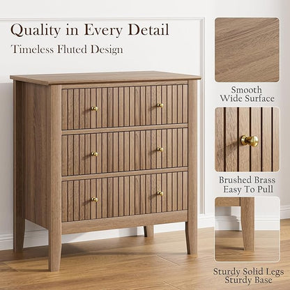 Night Stand, Fluted 3 Drawer Wide Farmhouse Nightstand with Gold Handle, Modern Wooden Bedside End Table for Bedroom, Living Room, Natural