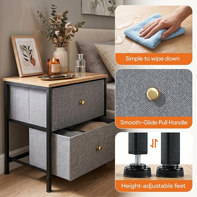 Sweetcrispy Nightstand with 2 Storage Drawers, Small Bedside Table, Blue | 20" Height End Table, Wooden Top Fabric Cabinet for Bedroom, Furniture, Closet, College Dorm
