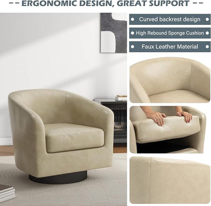 360° Swivel Barrel Accent Chair Armchair, Faux Leather Modern Round Club Arm Chair Upholstered Single Sofa Seating Corner Nook Side Reading Seat for Living Room, Office, Bedroom - Cream