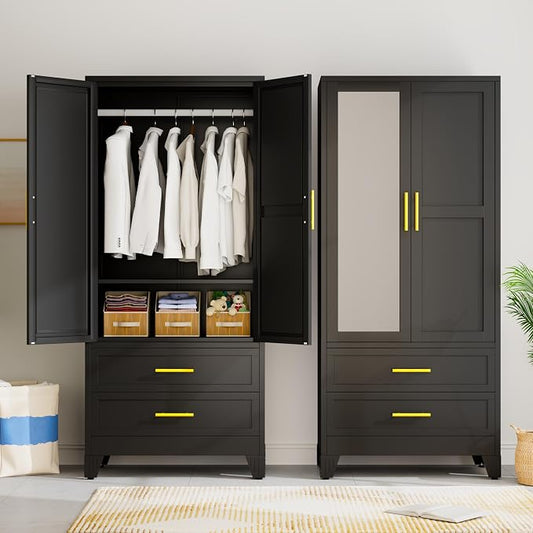Metal Wardrobe Storage Cabinet with Mirror and Hanging Rod,71'' Metal Clothing Cabinet with 2 Doors and 2 Adjustable Shelves for Bedroom, Laundry Room, Cloak Room (Black)
