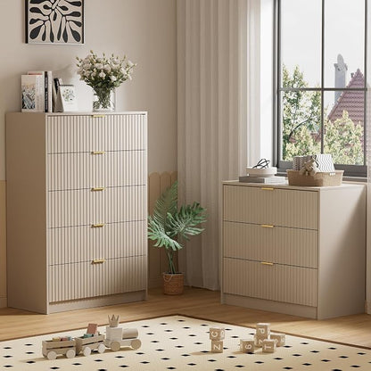 Furniway Beige Dresser for Bedroom, Modern Dresser with 3 Drawers and Smooth Slides, Wide Chest of Drawers with Golden Handles for Bedroom, Living Room, Closet, 15.7" D x 31.5" W x 29.6" H