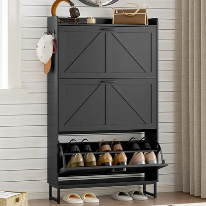 BORNOON Shoe Cabinet with 3 Flip Drawers Narrow Shoe Storage Cabinet Organizer Wooden Freestanding Shoe Rack Hidden Slim Shoes Storage Cabinet for Entryway, Hallway, Living Room, Bedroom