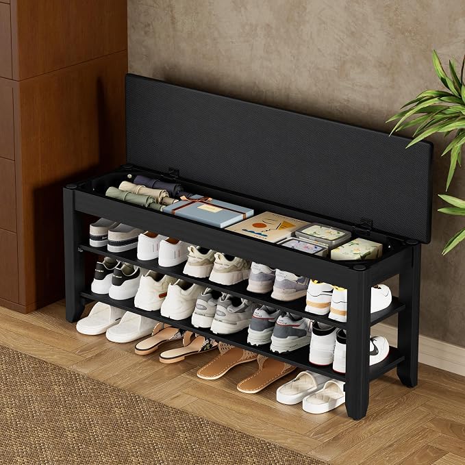 Homleke 2-Tier Solid Wood Shoe Rack Bench with Flip-Top Storage | Entryway Bench with Cushion, Adjustable Shelf, Holds Up to 10 Pairs, for Hallway, Bedroom and Closet, Black, 39.4 Inch