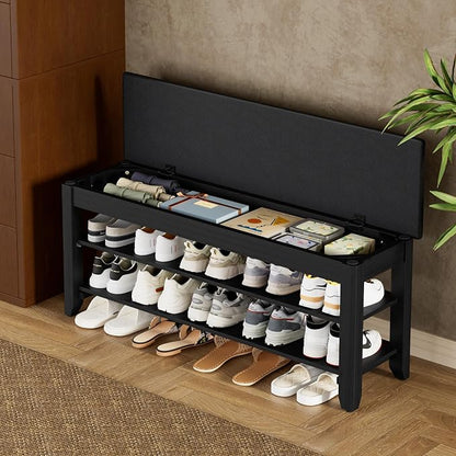 Homleke 2-Tier Solid Wood Shoe Rack Bench with Flip-Top Storage | Entryway Bench with Cushion, Adjustable Shelf, Holds Up to 10 Pairs, for Hallway, Bedroom and Closet, Black, 39.4 Inch