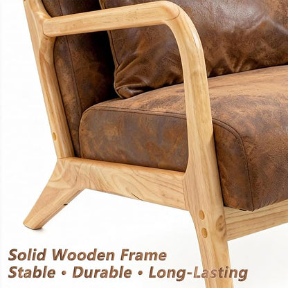 Mid Century Modern Lounge Chair with Wooden Frame & Gold-Embossed Upholstery, Vintage-Inspired Accent Chair with Pillow, Modern Living Room Chair for Stylish Home Interiors