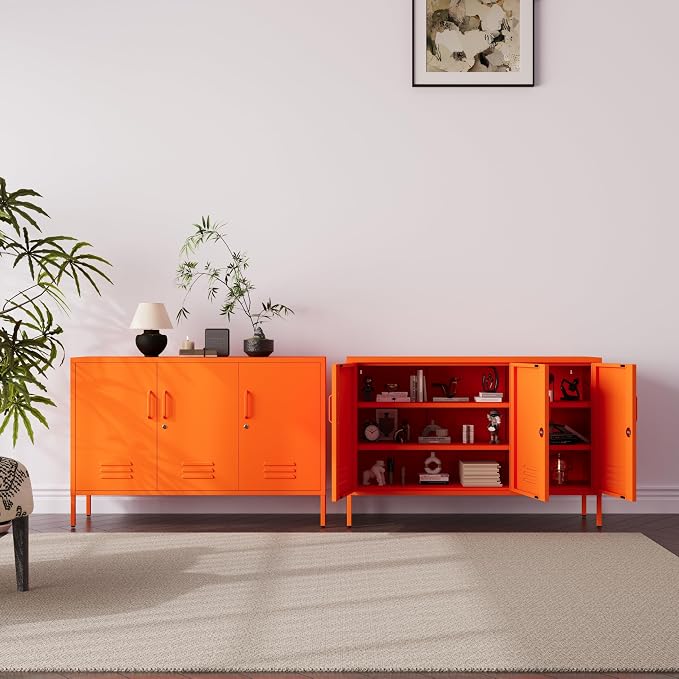 32" Wide 3-Door Lockable Metal Storage Cabinet with Accent Cabinet Locker, Heavy Duty Home Tool Cabinet, 2 Removable Shelves & Easy Assembly, for Home, Office, Entryway and Hallway Orange