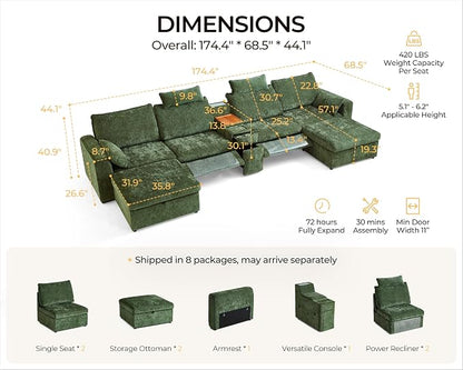 174.4'' Oversized Modular Power Recliner Sofa with Headrest, Deep Cloud Couch with Table, Charging Cup Holders, Convertible U-Shaped 6-Seater Sectional with 2 Storage Ottomans, Chenille, Green