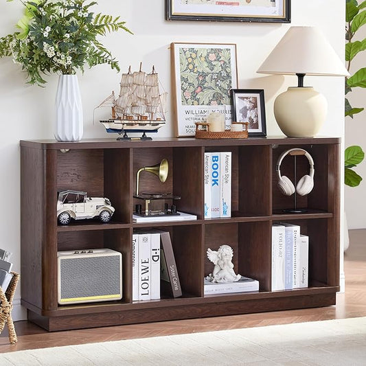 Joaxswe 8 Cube Bookcase, 52" Long Horizontal Book Shelf w/Curved Edge, Floor Standing 2-Tier Cubby TV Stand Bookshelf with Wooden Base, Farmhouse Low Storage Cabinet for Living Room, Office, Walnut