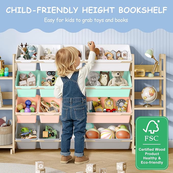 EXPERLAM Extra Large Toy Storage - Toy Storage Organizer, Wooden Toy Organizer with 6 Side Shelves and 16 Bins, 3-in-1 Bookshelf for Kids Rooms, Playroom, Nursery, Multi