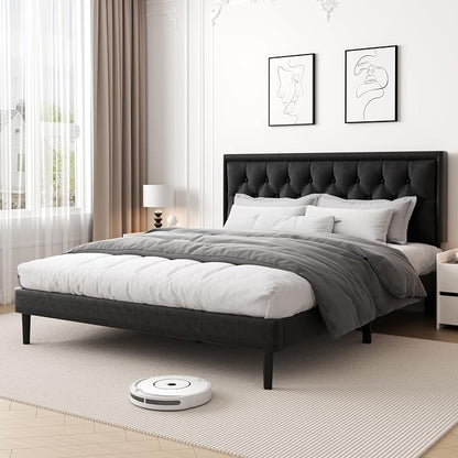 CXVX King Size Platform Bed Frame with Upholstered Velvet Button Tufted Headboard, Mattress Foundation with Wooden Slat Support, No Box Spring Needed, Easy Assembly, Noise Free, Black.