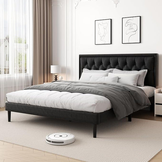CXVX King Size Platform Bed Frame with Upholstered Velvet Button Tufted Headboard, Mattress Foundation with Wooden Slat Support, No Box Spring Needed, Easy Assembly, Noise Free, Black.