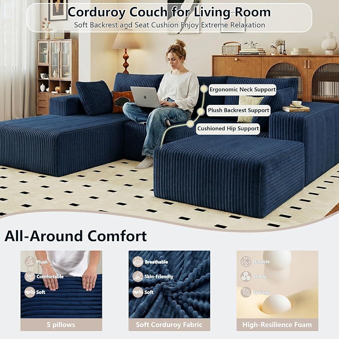 95" Cloud Sectional Couch U-Shaped Chaise with Ottoman, Corduroy Boneless Couch for Living Room Bedroom, Deep-Seat Upholstered Modular Cloud Sofa, No Assembly Required (Blue, Left Facing Chaise)
