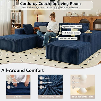95" Cloud Sectional Couch U-Shaped Chaise with Ottoman, Corduroy Boneless Couch for Living Room Bedroom, Deep-Seat Upholstered Modular Cloud Sofa, No Assembly Required (Blue, Left Facing Chaise)