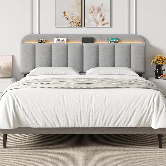 King Size Adjustable Headboard, Upholstered Headboard with Storage, APP Controlled LED Light, Padded Head Board Only, Sturdy Metal Foot Frame, Vertical Channel Design for Bedroom, Grey