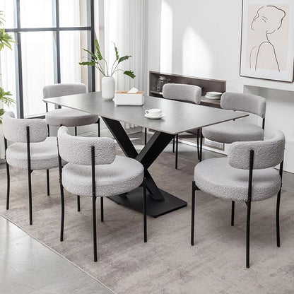 Cinxzar Boucle Dining Chairs Set of 6, Upholstered Dining Room Chairs with Black Metal Legs, Round Modern Dining Chair for Dining Room, Kitchen (Light Grey)