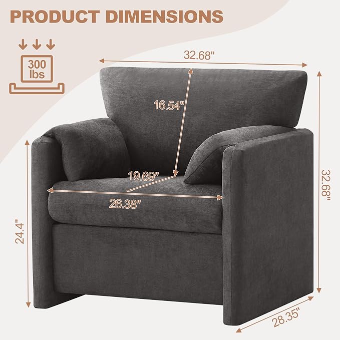 Oversized Accent Chair for Living Room, 32.68" Modern Armchair Set of 2 with Deep Seat, Mid-Century Comfy Reading Chair with Padded Arms, Large Chenille Single Sofa Chairs for Bedroom, Dark Grey