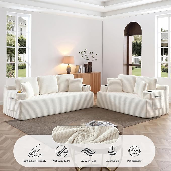 Boneless Sofa Couch Set with Cup Holders & Side Pockets, Modern Corduroy Fabric Upholstered 3-seat Couch & Loveseat Set with 4 Throw Pillows for Living Room, Office, No Assembly (Beige)