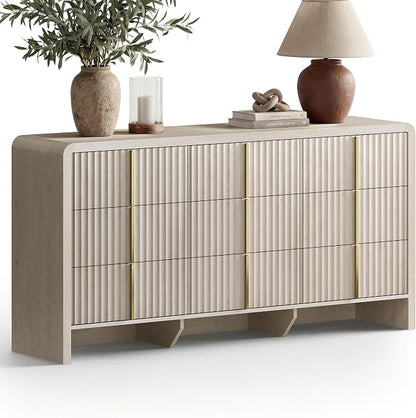 ModernMate Fluted 9 Drawer Dresser for Bedroom, 64.2" Wide White Chest of Drawers, Modern Wood Storage Cabinet with Metal Handles, Anti-Tip Clothes Organizer, White Alder