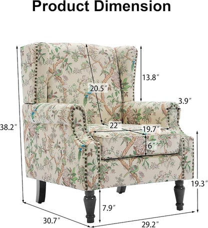 Pia Ricco High Back Floral Accent Chair - Retro Wingback Upholstered Armchair with Nailhead Trim, Solid Wood Legs, Fabric Living Room Bedroom Home Office Reading Chair (Bird Pattern)