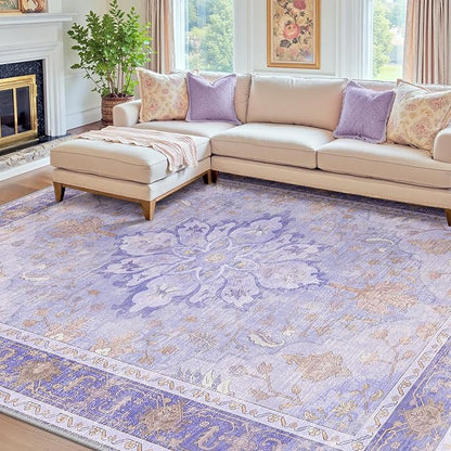 RELEANY Area Rugs 8'x10' Washable Non-Slip, Floral Vintage Distress Medallion Carpet for Living Room Bedroom Dining Room, Light Purple Brown
