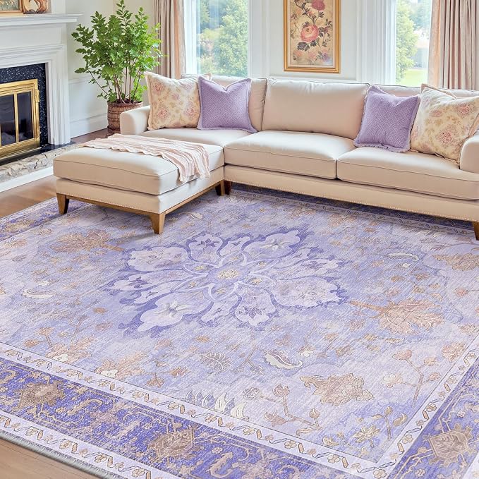 RELEANY Area Rugs 7'x10' Washable Non-Slip, Floral Vintage Distress Medallion Carpet for Living Room Bedroom Dining Room, Light Purple Brown
