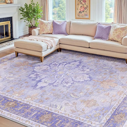 RELEANY Area Rugs 7'x10' Washable Non-Slip, Floral Vintage Distress Medallion Carpet for Living Room Bedroom Dining Room, Light Purple Brown