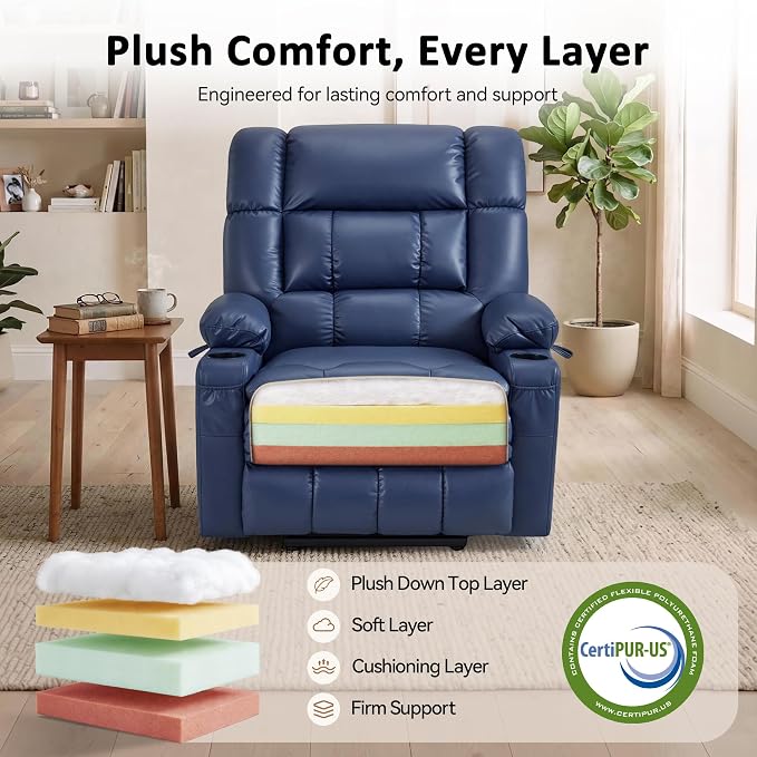 MCombo Extra Wide Dual Motor Power Lift Recliner Chair for Elderly, Zero Gravity Lift Chair with Heat and Massage, Infinite Position Recliners, USB Ports, Faux Leather R7897 (Medium-Wide, Blue)