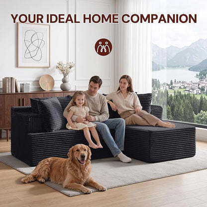 Korser Boneless Couches for Living Room, Cloud Couch Sectional with Ottoman, L-Shaped Sofa with Fluffy Comfy Corduroy Deep Seat, Bedroom, Apartment, No Assembly Required