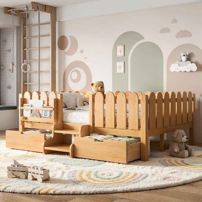 Bellemave Full Kids Montessori Bed with Stairs, Bookshelf and LED Lights, Solid Wood Kids Bed Frame with Storage Drawers for Boys Girls, Low Profile,Natural