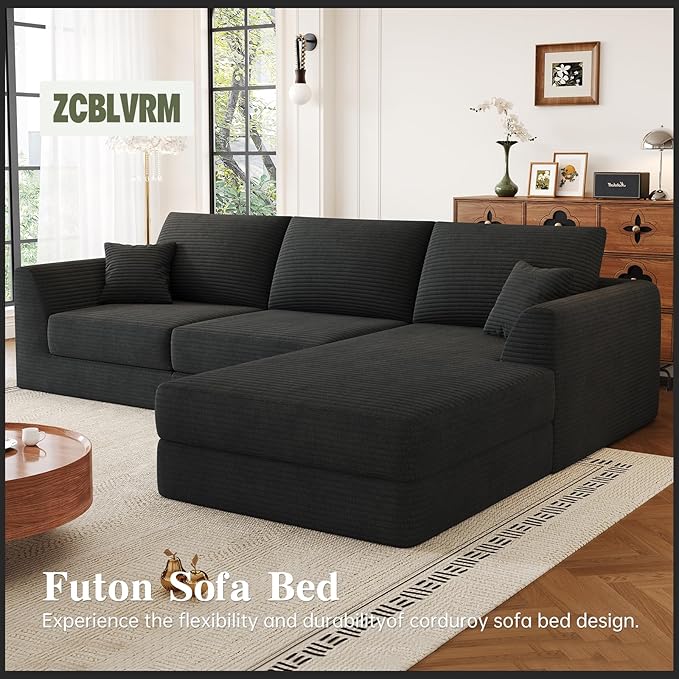106" Modular Sectional Sofa with Reversible Chaise, Black Corduroy L-Shaped Cloud Couch for Living Room Apartment, 3-Piece Set, No Assembly Required, High-Density Supportive Foam