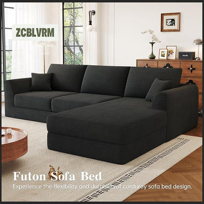 106" Modular Sectional Sofa with Reversible Chaise, Black Corduroy L-Shaped Cloud Couch for Living Room Apartment, 3-Piece Set, No Assembly Required, High-Density Supportive Foam