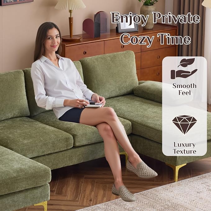 Karl home 110" Sectional Sofa U-Shaped 4-Seat Couch with Chaises Chenille Fabric Upholstered for Living Room, Apartment, Office, Green