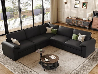 EASE MOOSE Oversized Corner Modular Sectional Sofa, Faux Leather Sectional Sofa with Deep Seat, Vintage Scratch Resistant Faux Leather Material, Extra Large L Shaped Couch,Black