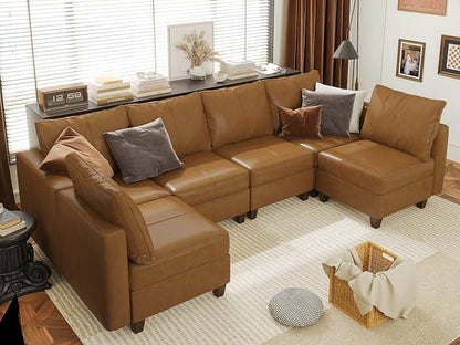 EASE MOOSE Modular Sofa with Storage, Faux Leather Sectional Sofa U Shaped Sectional Couches for Living Room, Brown