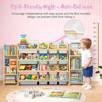 Kids Toy Storage Organizer with Bookshelf – Wooden Shelf with 16 Bins & 6 Shelves, Quick Assembly Storage Rack for Playroom, Bedroom, Nursery – Colorful