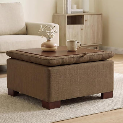 24 Inch Square Storage Ottoman Coffee Table, Modern Tufted Upholstered Ottoman with Flip Tray and Solid Wood Legs, Suitable for Living Rooms, Linen Brown