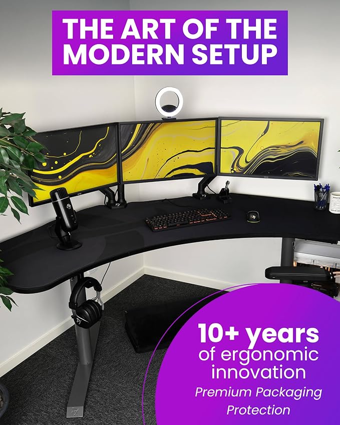 Arozzi Arena Angelo Gaming Desk with Storage - 88.6x28” Corner Desk - Curved Design Table, Fits 3 Large Screens with Adjustable Height - Full-Surface Mousepad - Gunmetal