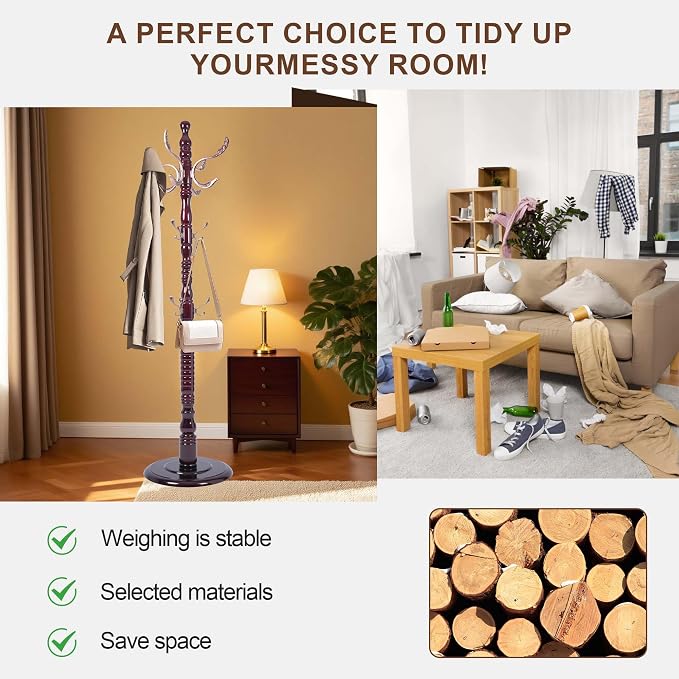 Wooden Coat Rack Freestanding with 20 Metal Hooks, Adjustable Height Coat Tree Free Standing Heavy Duty for Entryway, Easy Assembly Solid Wood Sturdy Coat Hats Hanger Stand for Office Hallway Bedroom